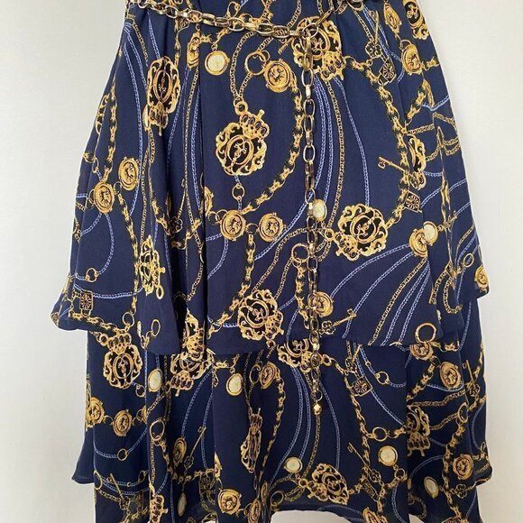 Navy Blue and Gold Chain Print Dress - Picture 3 of 12